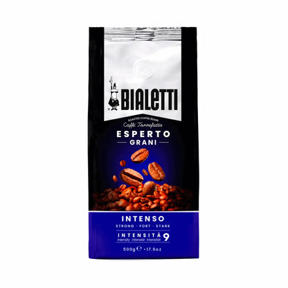 Bialetti Brew Italia Whole Bean Coffee in a bag, featuring rich, dark roasted Bialetti Coffee beans labeled Intenso.