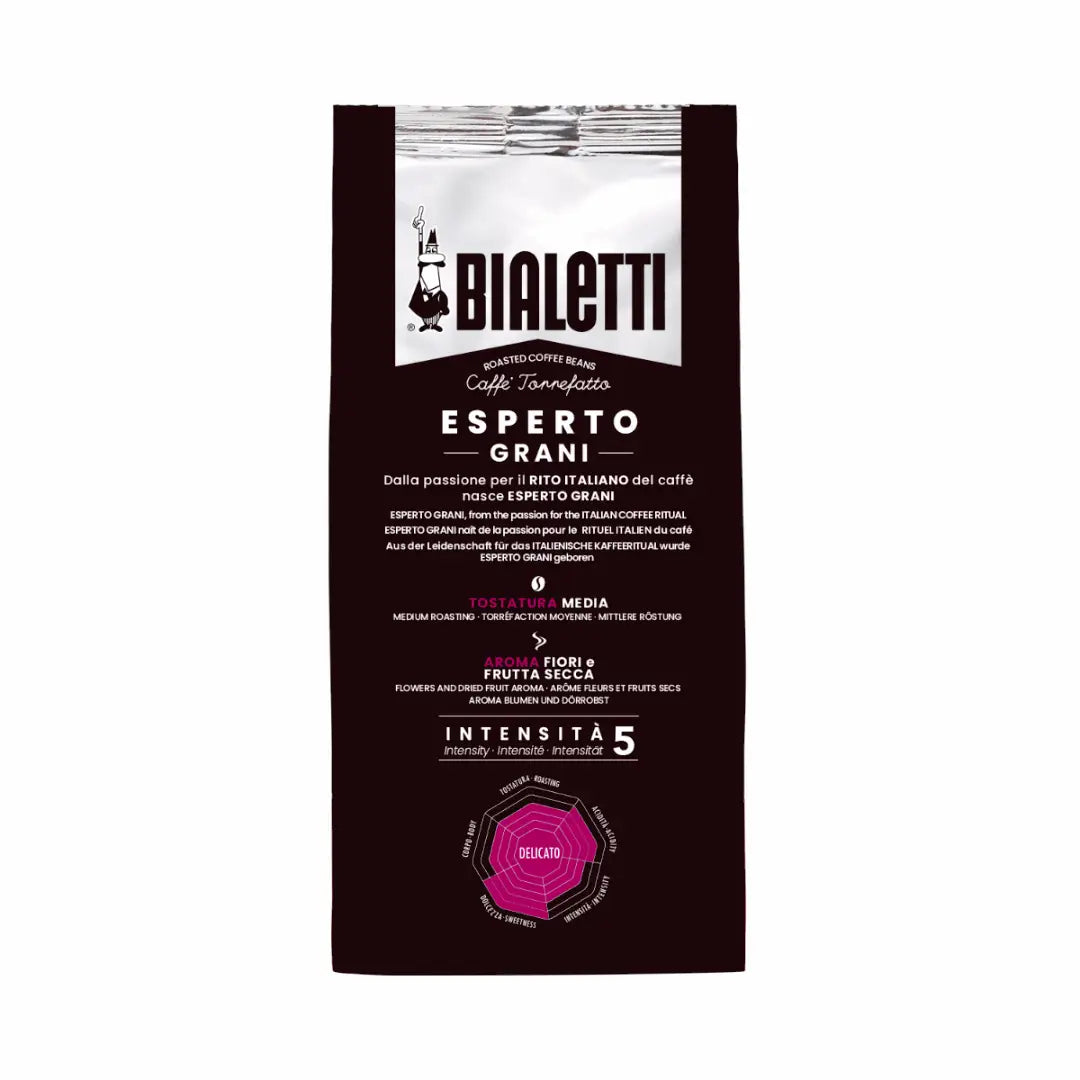 Bialetti Delicato coffee beans from Brew Italia, whole coffee beans with a rich aroma and smooth flavor, shown in a close-up image.