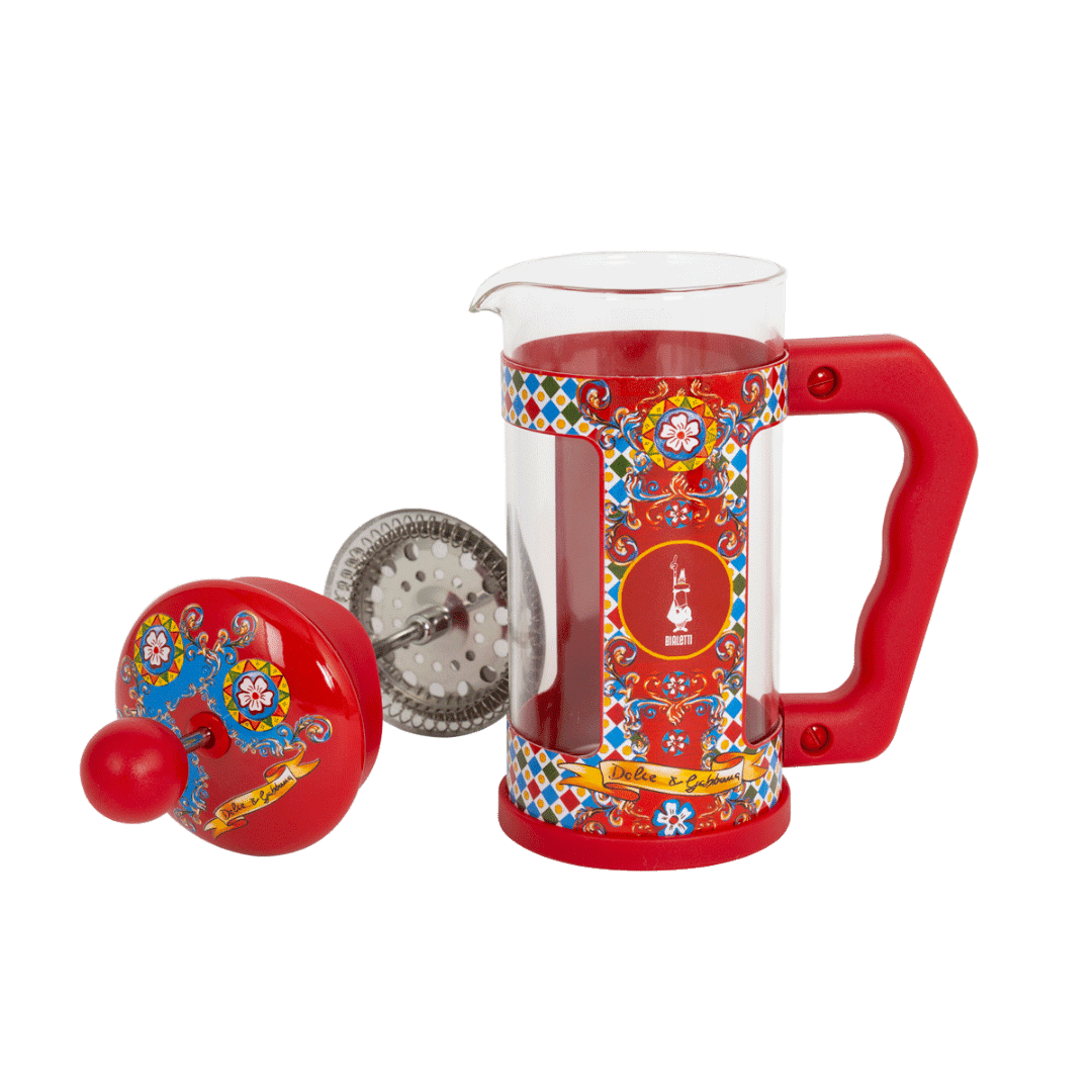 Bialetti Dolce&Gabbana Sicilian Cart coffee maker by Brew Italia, 350ml, with colorful Sicilian-inspired design and stainless steel parts.