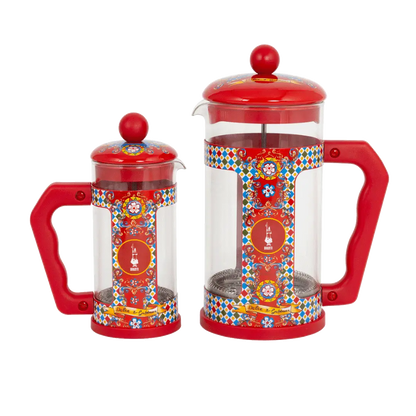 Bialetti X Dolce&Gabbana Sicilian Cart coffee maker and cafetière by Brew Italia, featuring colorful Sicilian-inspired design and glass carafe.
