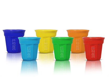 Set of six Bialetti espresso cups in various colors from Brew Italia, featuring sleek ceramic design ideal for enjoying espresso.