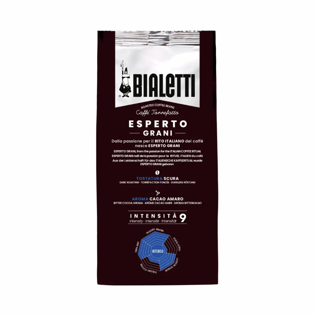 Bialetti Intenso coffee beans from Brew Italia, whole beans with a rich, dark roast appearance in a clear bag.