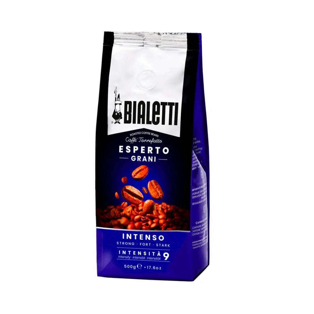 Bialetti Brew Italia Intenso whole bean coffee in a clear jar, showcasing dark roasted coffee beans for a rich Italian coffee experience.