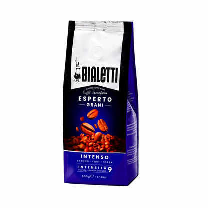 Bialetti Brew Italia Intenso whole bean coffee in a clear jar, showcasing dark roasted coffee beans for a rich Italian coffee experience.