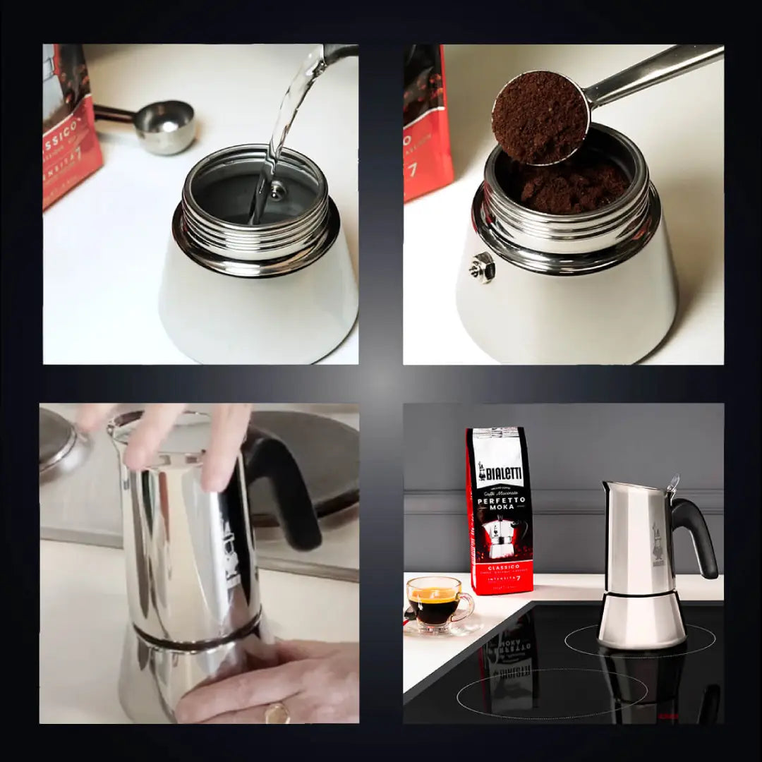Bialetti Venus Italian coffee maker by Brew Italia, showing the sleek stovetop espresso pot with black handle and stainless steel body.