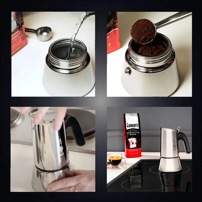 Bialetti Venus Italian coffee maker by Brew Italia, showing the sleek stovetop espresso pot with black handle and stainless steel body.