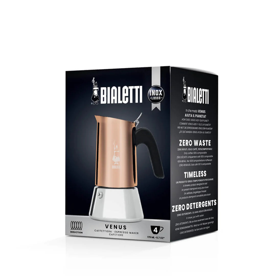 Stainless steel Bialetti Venus stovetop coffee maker by Brew Italia, with a polished finish and ergonomic handle.