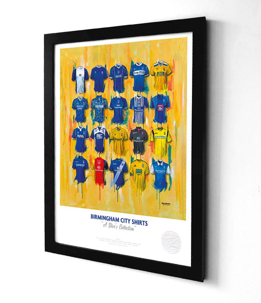 Limited edition Birmingham City A3 framed print featuring iconic Blues shirt wall art by Terry Kneeshaw Art.
