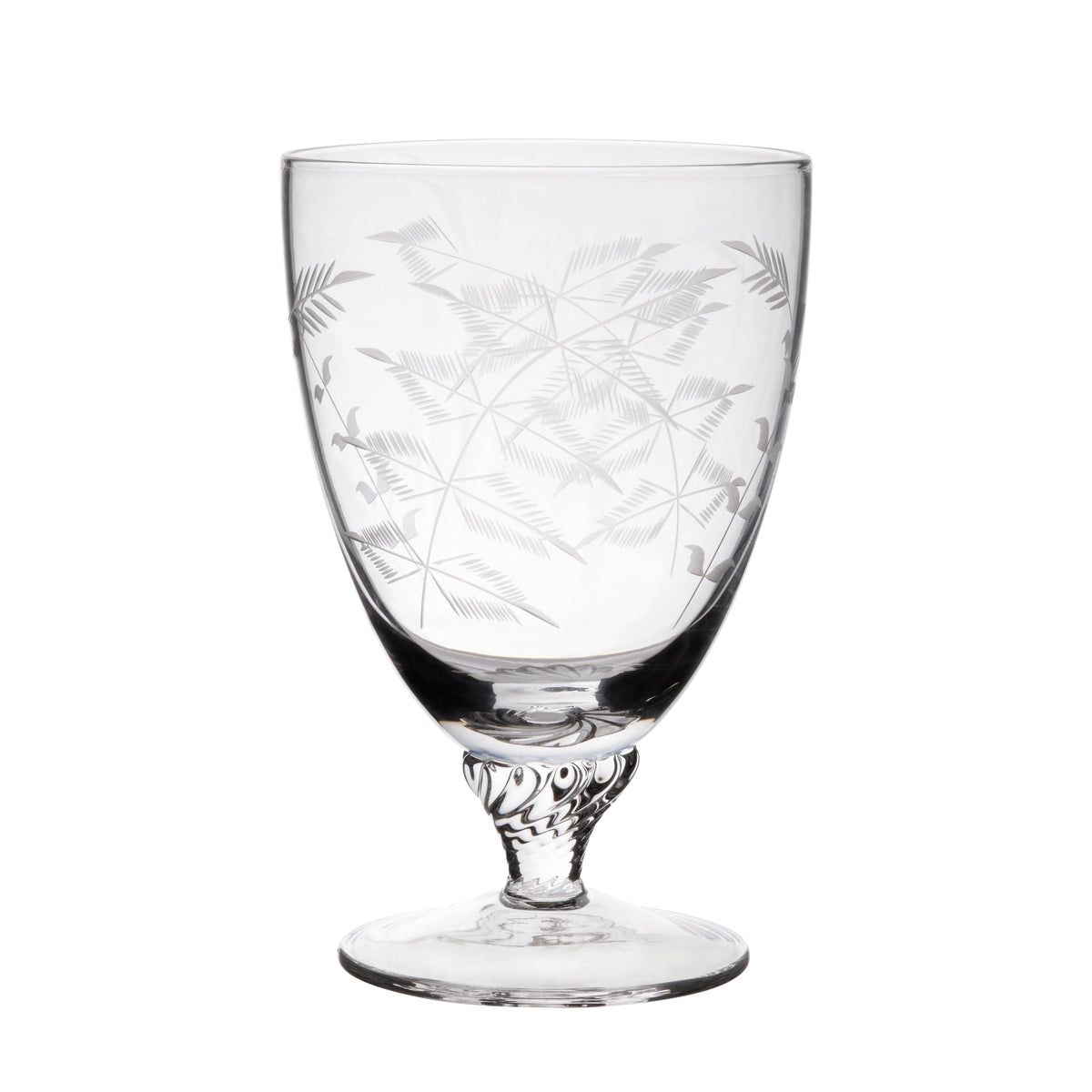 Set of Crystal Bistro Glasses with elegant fern design by The Vintage List, showcasing square-shaped glasses for stylish dining.
