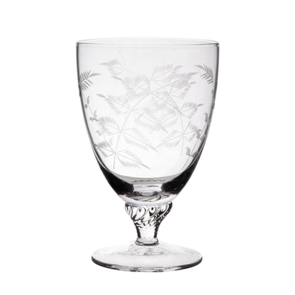 Set of Crystal Bistro Glasses with elegant fern design by The Vintage List, showcasing square-shaped glasses for stylish dining.