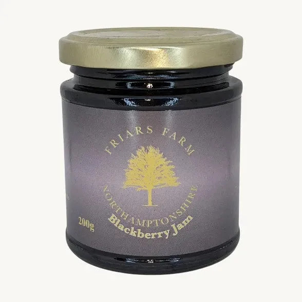Cropped image of a 200g jar of Friars Farm Blackberry Jam showing the dark berry spread in a glass jar.
