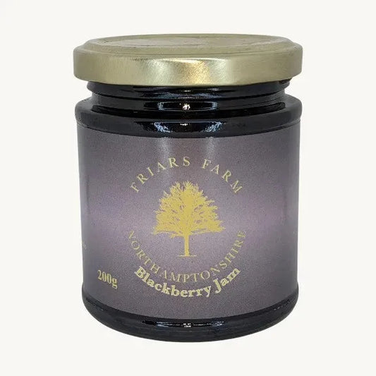 Cropped image of a 200g jar of Friars Farm Blackberry Jam showing the dark berry spread in a glass jar.