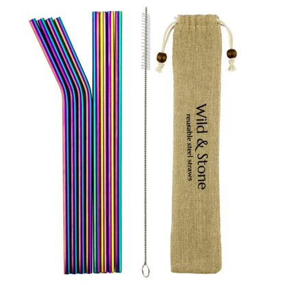 Set of 8 reusable stainless steel rainbow drinking straws by Wild and Stone, featuring colorful, durable, eco-friendly design.
