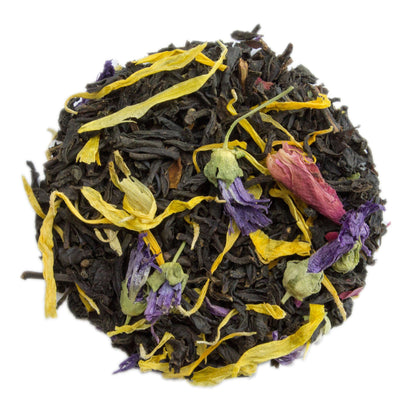 Blue Lady flavoured black tea by PekoeTea Edinburgh in a tea bag with blue and black packaging.
