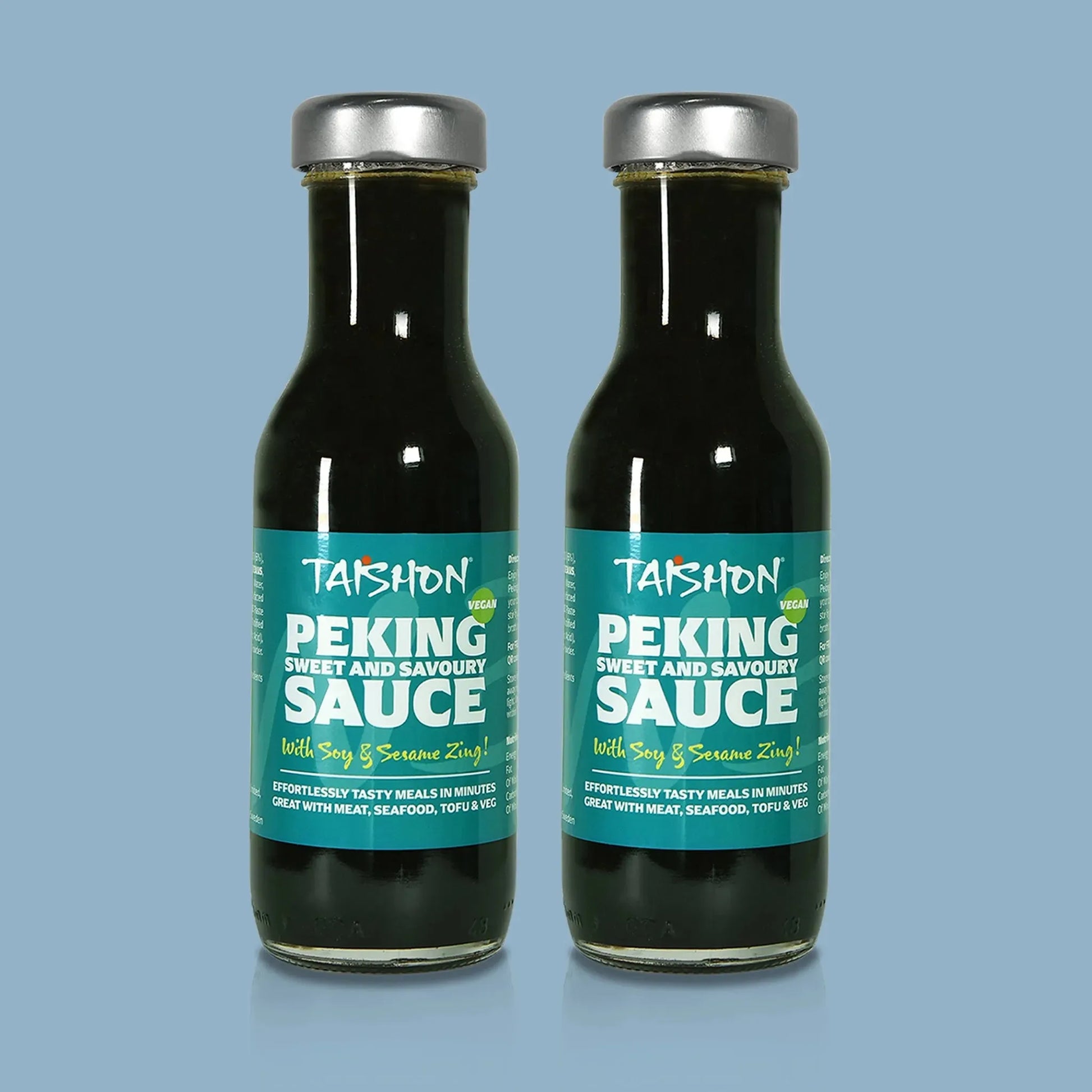Taishon Peking Sweet and Savoury Vegan Sauce in a blue bottle, used as a condiment or dipping sauce for Asian dishes.