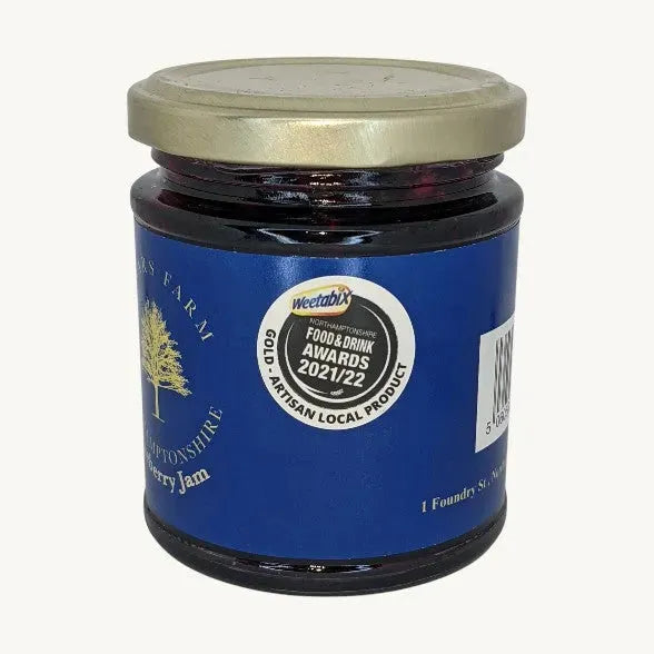 Friars Farm Blueberry Jam 200g jar showing fresh blueberries and rich, vibrant blueberry jam inside the glass container.