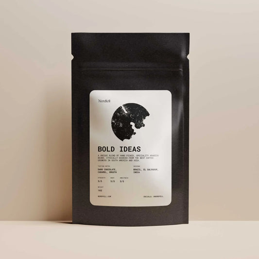 Nordfell Bold Ideas Ethical Roasted Coffee Blend in 1kg bag, showing fresh coffee beans and packaging details.