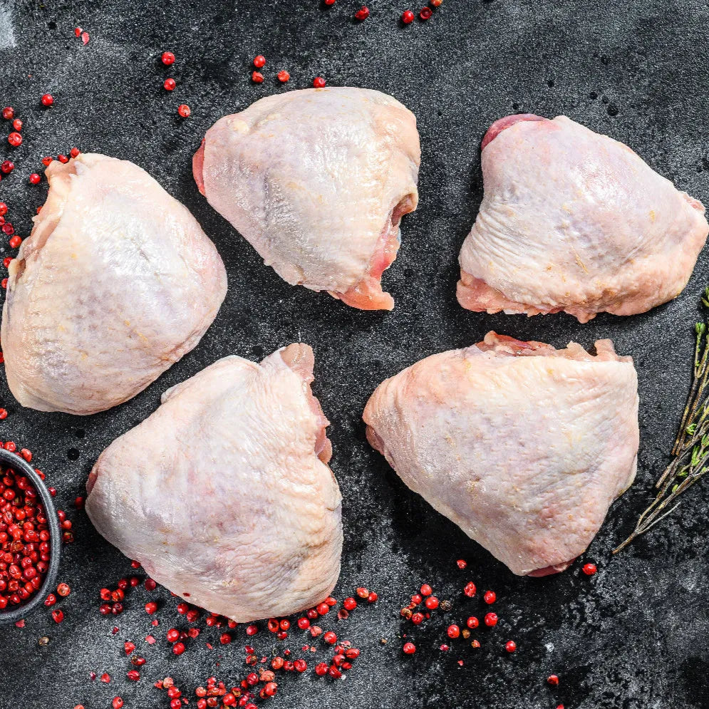 Primrose Herd Creedy Carver free-range boneless chicken thighs, raw and ready for cooking, with skinless and boneless cuts.