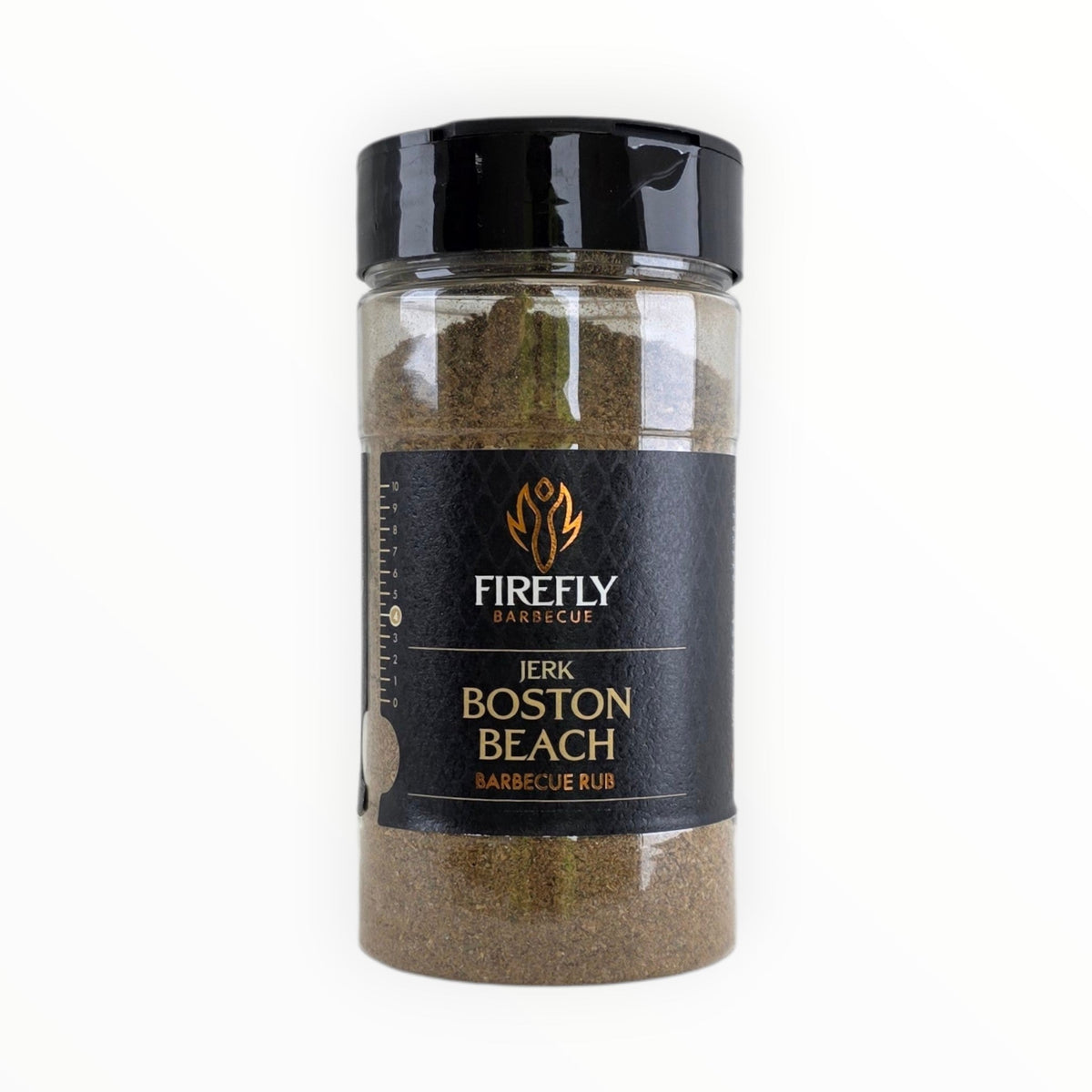 FireFly Barbecue Boston Beach Jerk Rub in a jar, a flavorful BBQ rub with spices for grilling and smoking.