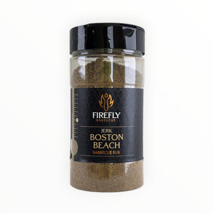 FireFly Barbecue Boston Beach Jerk Rub in a jar, a flavorful BBQ rub with spices for grilling and smoking.