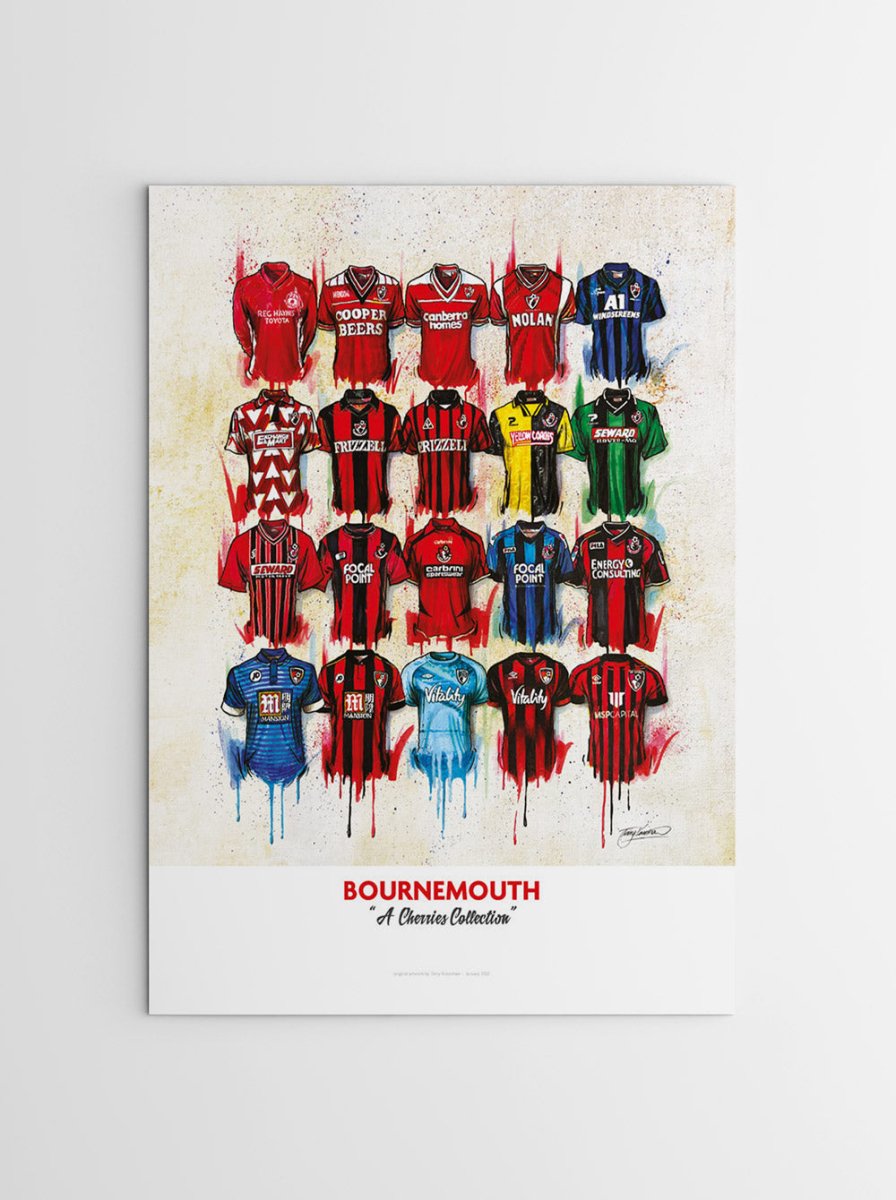 Limited edition Bournemouth shirt signed print by Terry Kneeshaw Art, showcasing vibrant artwork on high-quality paper.