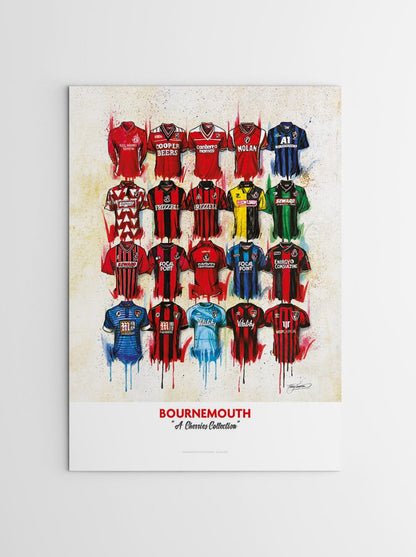 Limited edition Bournemouth shirt signed print by Terry Kneeshaw Art, showcasing vibrant artwork on high-quality paper.