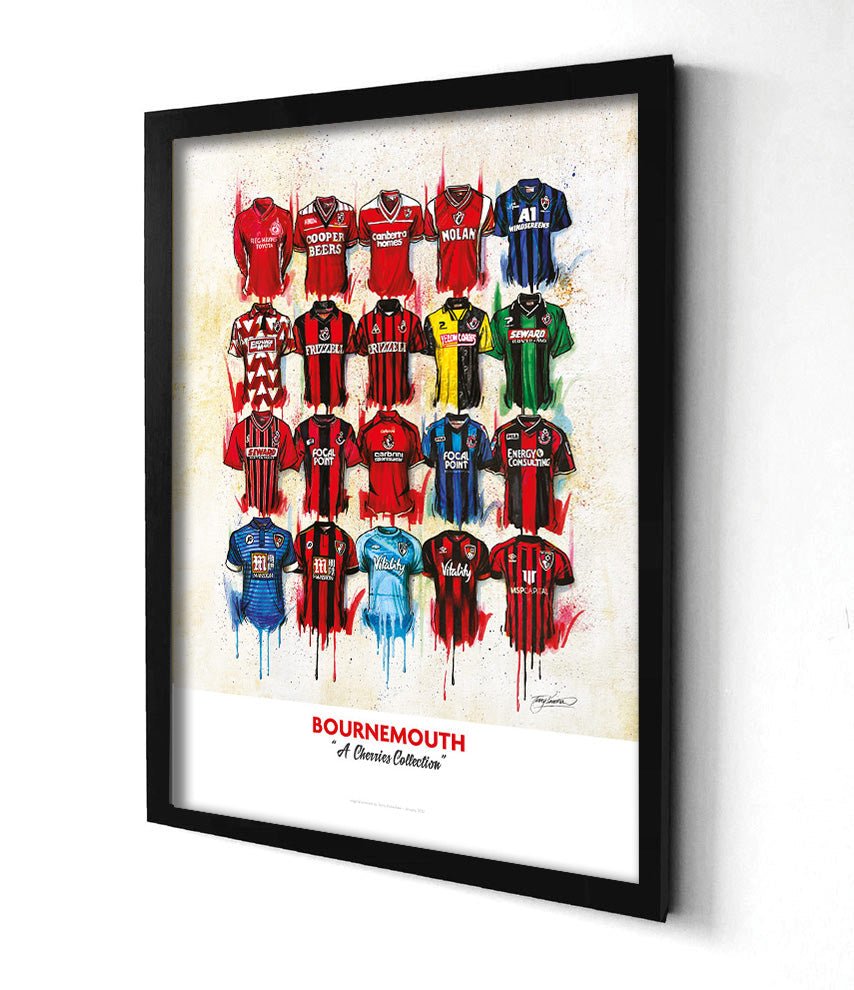 Limited edition Bournemouth shirts signed print by Terry Kneeshaw Art, featuring vibrant artwork of Bournemouth shirts.