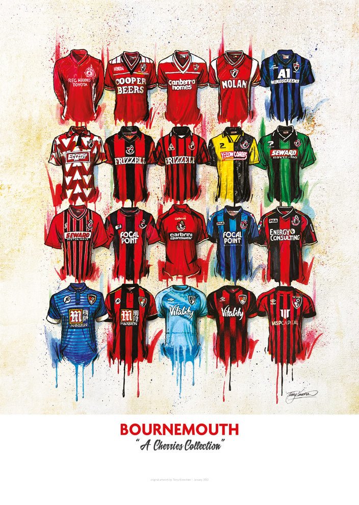 Limited edition Bournemouth shirts signed print by Terry Kneeshaw Art, featuring detailed artwork of Bournemouth shirts.