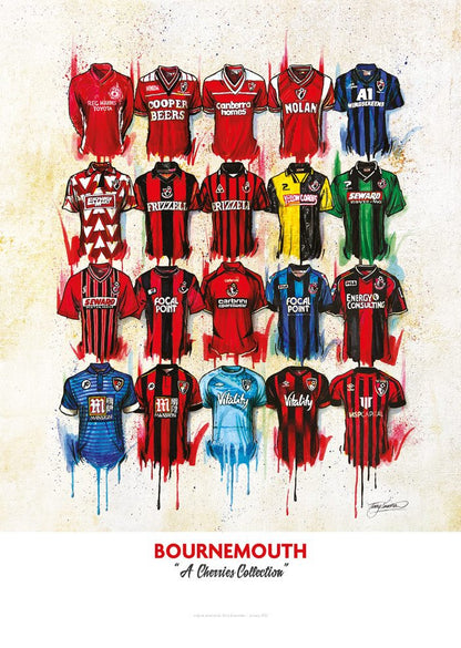 Limited edition Bournemouth shirts signed print by Terry Kneeshaw Art, featuring detailed artwork of Bournemouth shirts.