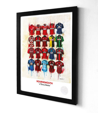 Limited edition framed print of Bournemouth football shirt artwork by Terry Kneeshaw Art, featuring vibrant colors and detailed design.