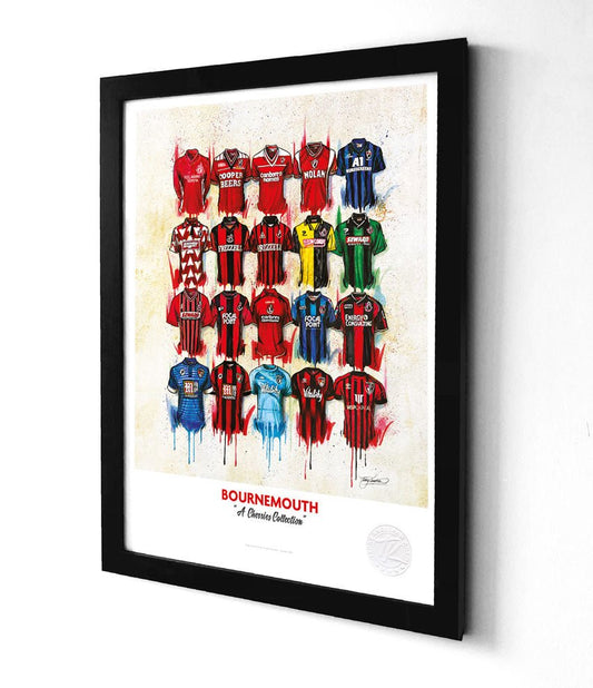 Limited edition framed print of Bournemouth football shirt artwork by Terry Kneeshaw Art, featuring vibrant colors and detailed design.