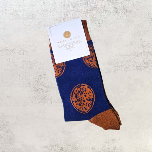 ArtisanBox charcuterie-themed socks featuring cured sausage and cheese illustrations, casual knit design perfect for food lovers.