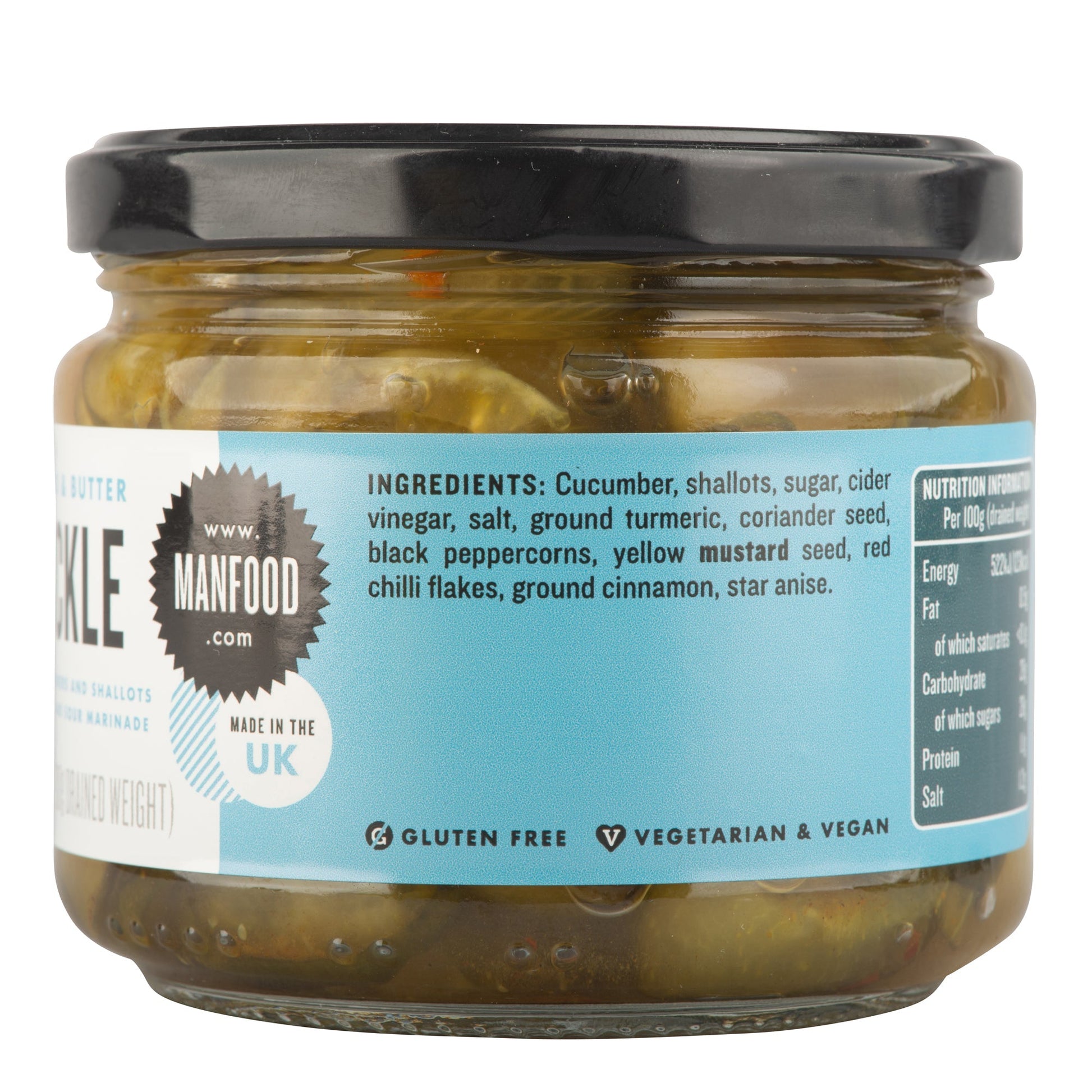 Jar of Manfood bread and butter pickles with sliced pickles in brine, showcasing their golden color and chunky texture.