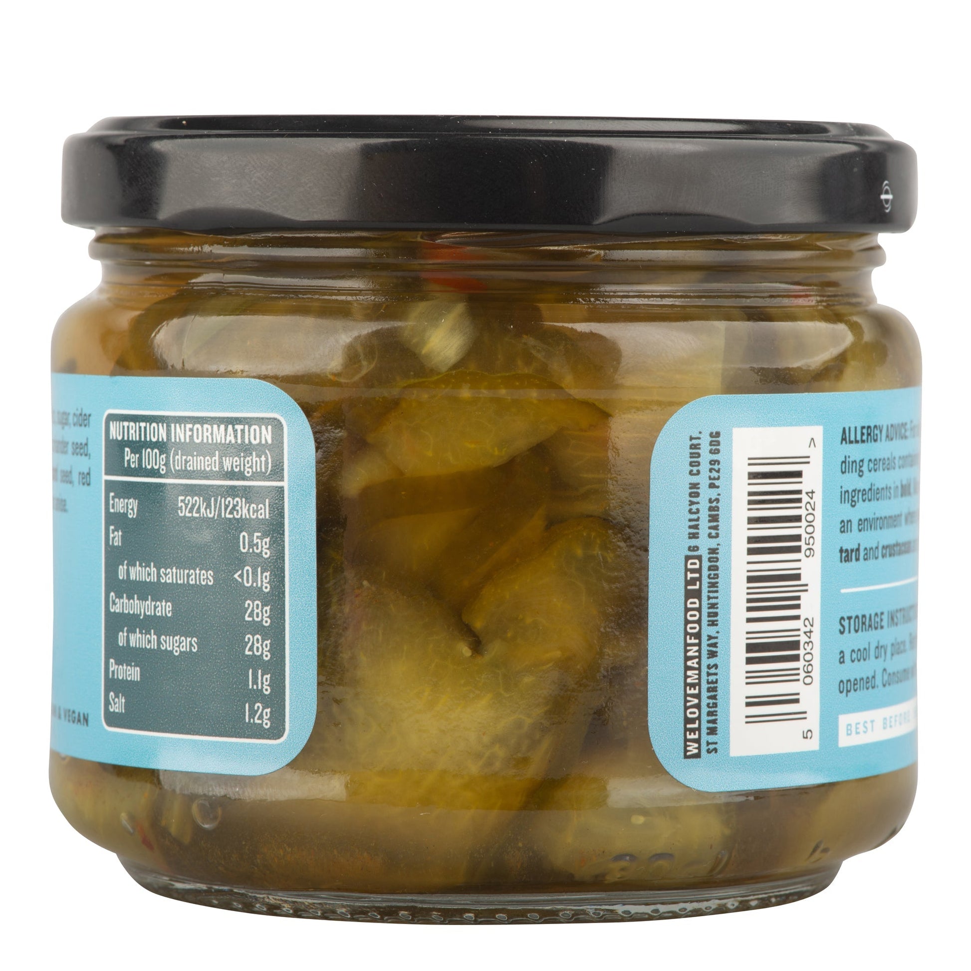 Jar of Manfood bread and butter pickles with sliced pickles visible in a glass jar, showcasing their golden color and texture.