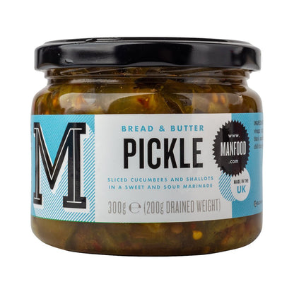 Jar of Manfood bread and butter pickles with slices visible, showcasing the golden, sweet, and tangy pickle chunks inside.