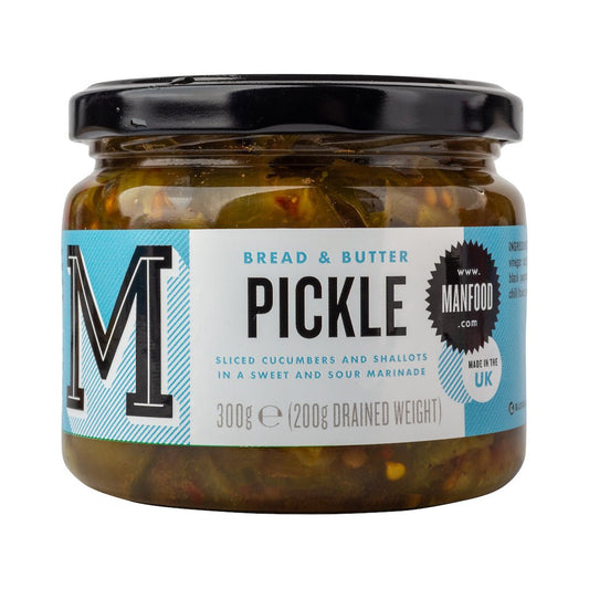 Jar of Manfood bread and butter pickles with slices visible, showcasing the golden, sweet, and tangy pickle chunks inside.
