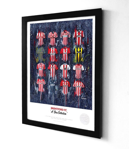 Limited edition Brentford A3 framed print by Terry Kneeshaw featuring iconic Bees shirt wall art.