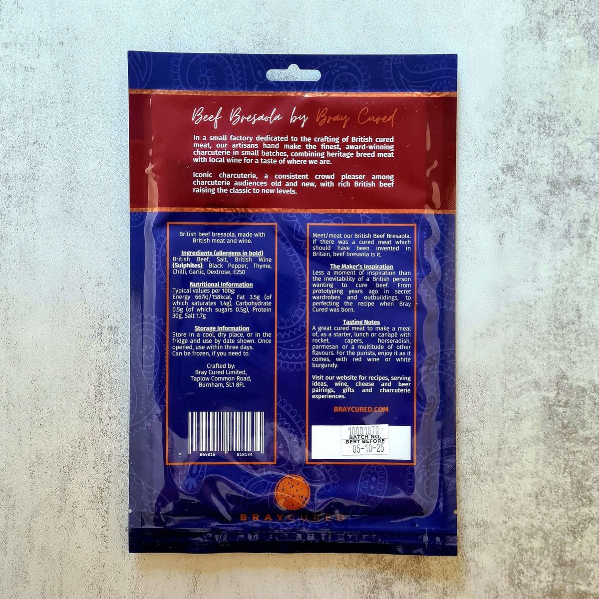 Thinly sliced Bray Cured Classic Bresaola, British beef charcuterie with a packaged presentation, ready for serving.