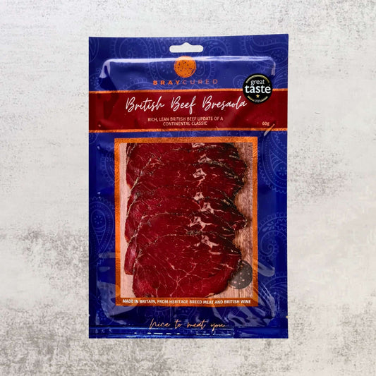 Bray Cured classic Bresaola charcuterie pack featuring thinly sliced British beef on a white plate.