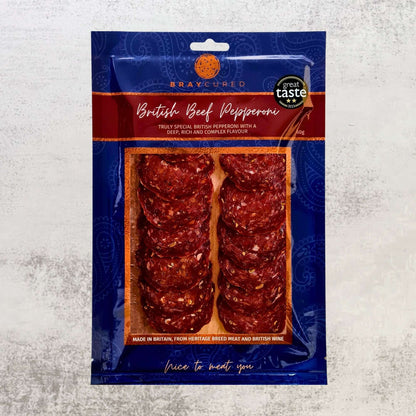British Pepperoni from Bray Cured, thinly sliced charcuterie with spicy pepper seasoning, displayed in a packaging front view.