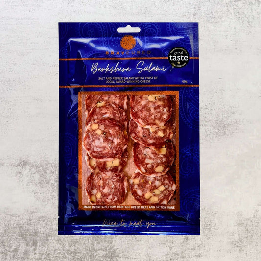 Bray Cured Berkshire Salami pack showing slices of rich, cured British Berkshire pork in a charcuterie style presentation.