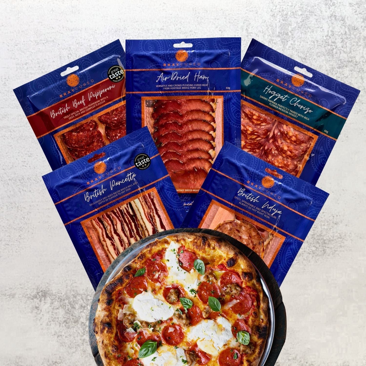 British Charcuterie Pizza Pack featuring Bray Cured cured meats and selection of charcuterie for gourmet pizza toppings.