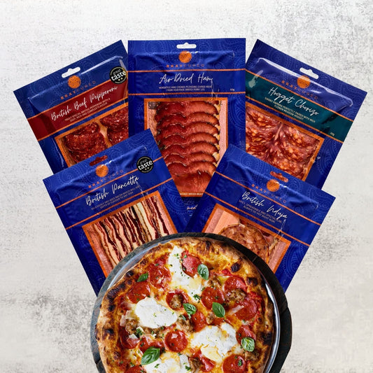 British Charcuterie Pizza Pack featuring Bray Cured cured meats and selection of charcuterie for gourmet pizza toppings.