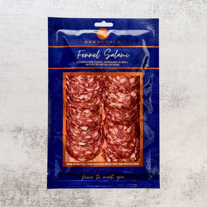 Bray Cured British fennel salami pack showing slices of fennel-infused charcuterie on a wooden board.