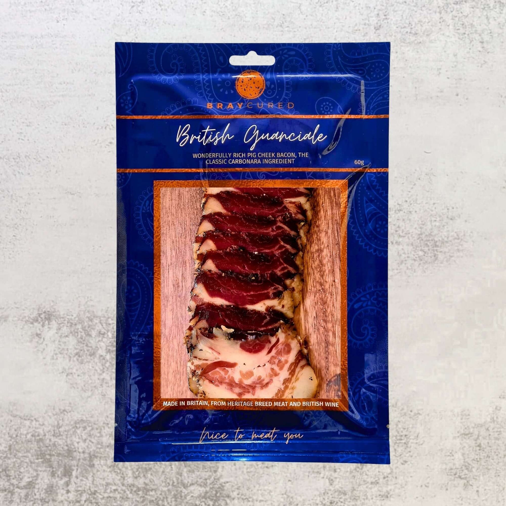 Front view of Bray Cured Ultimate Pasta Pack featuring British guanciale slices for charcuterie and pasta dishes.