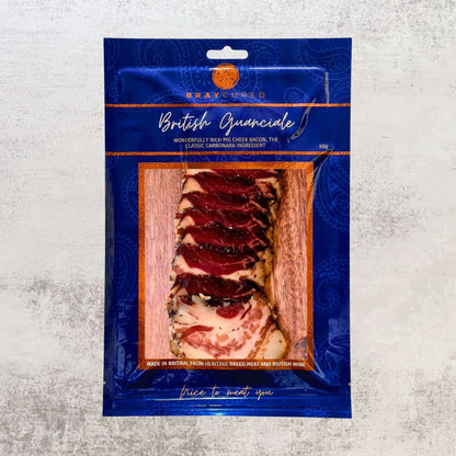 Front view of Bray Cured Ultimate Pasta Pack featuring British guanciale slices for charcuterie and pasta dishes.