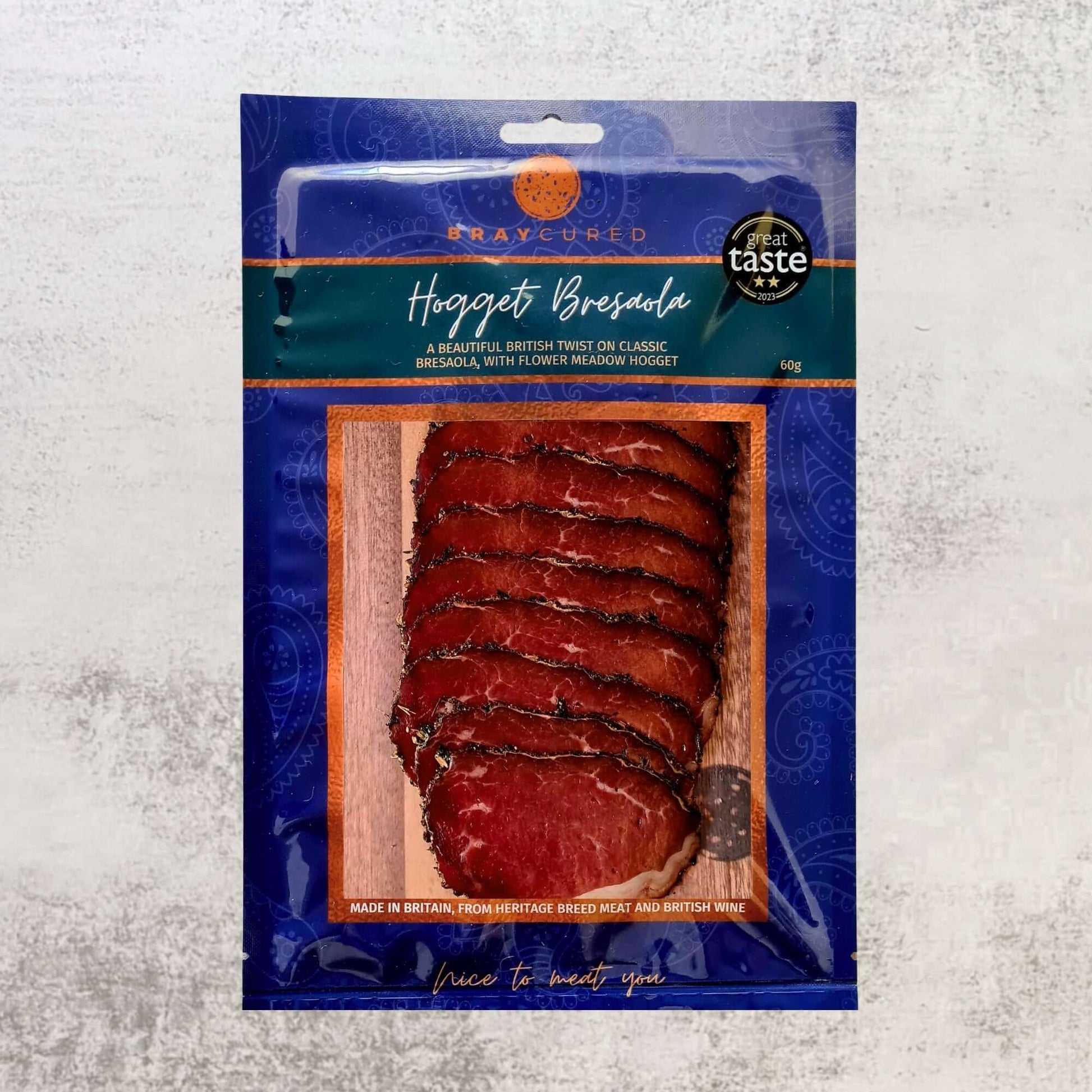 Front view of Bray Cured Hogget Bresaola, thinly sliced British charcuterie meat in a packaged display.