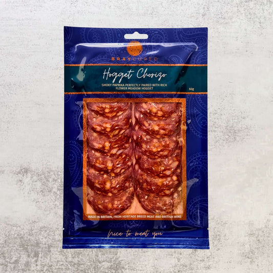 Sliced Bray Cured British Hogget Chorizo, a premium charcuterie product with spicy, flavorful cured meat slices.
