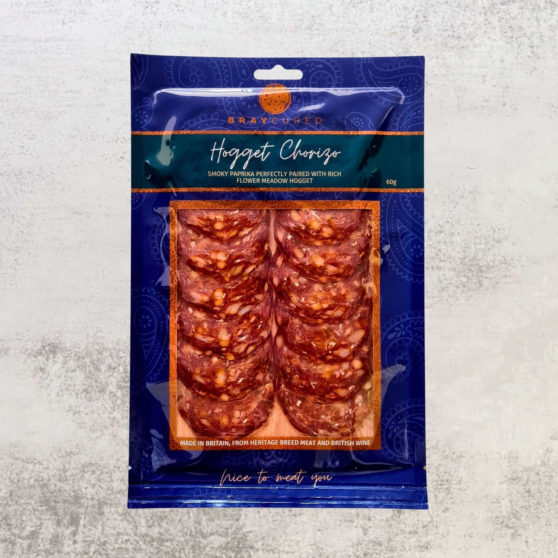Bray Cured Spicy Feasting Five charcuterie selection with British hogget chorizo packs on a wooden board.