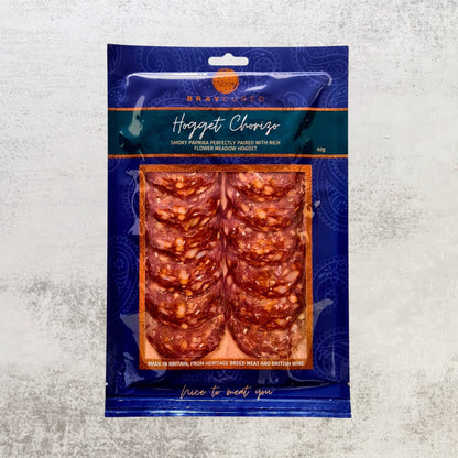 British Charcuterie Pizza Pack with Bray Cured British Hogget Chorizo and assorted charcuterie selection on a wooden board.